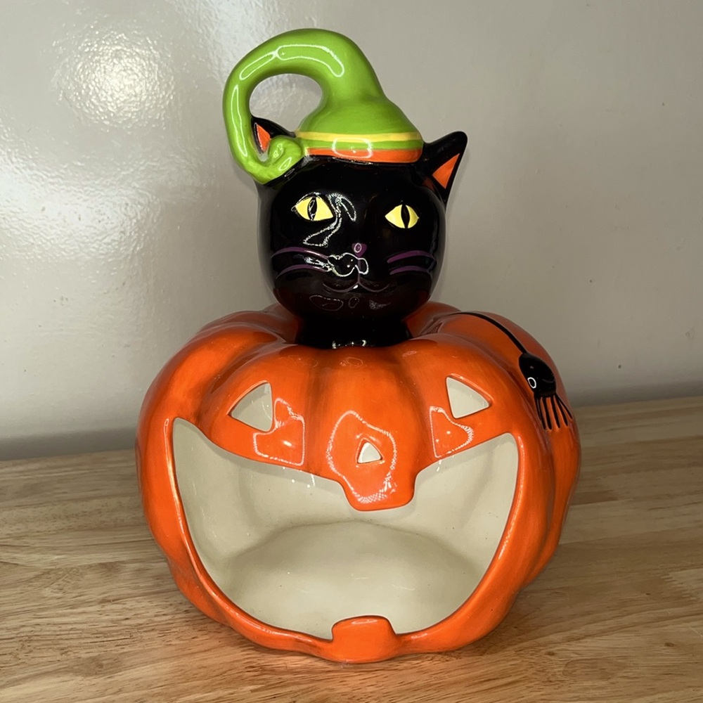 Happy Halloween widemouth jack-o’-lantern cat ceramic candy bowl